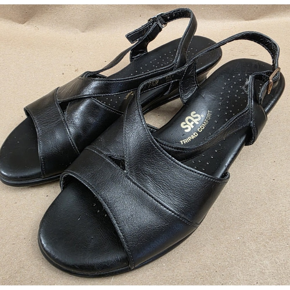 Womens (7.5 M) SAS Caress Cross Strap Wedge Leather Sandals Black Adjustable